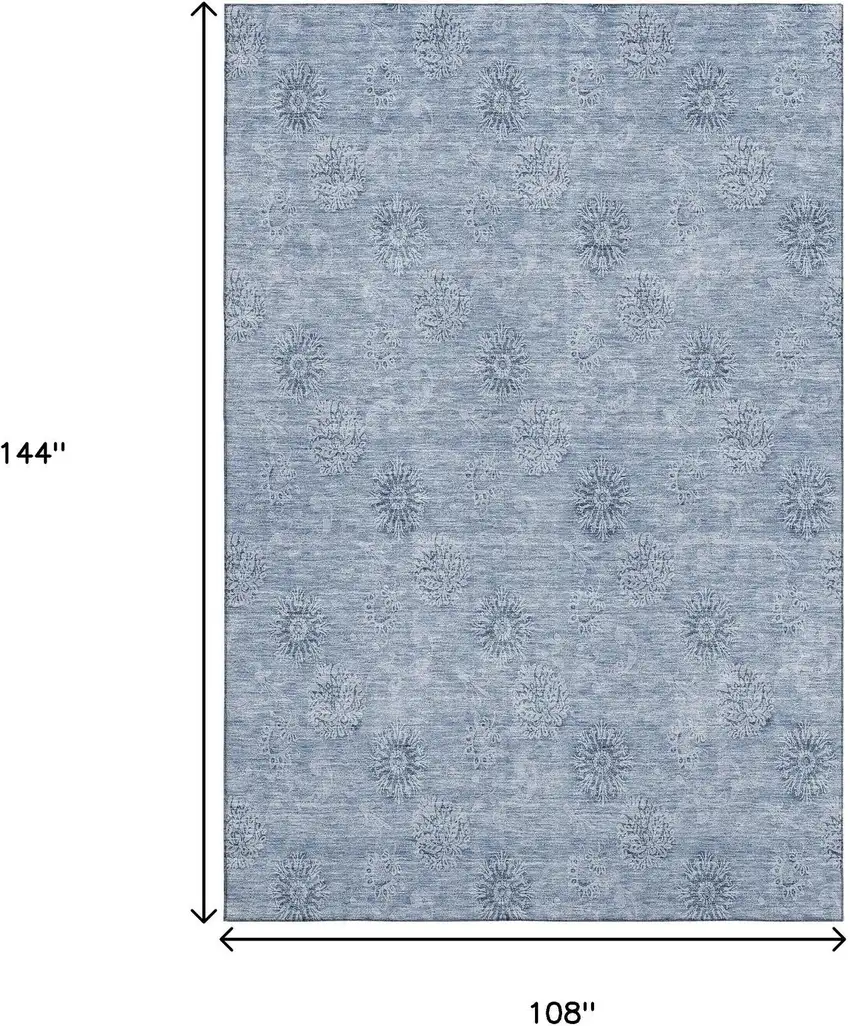 Sky Blue And Ivory Floral Washable Area Rug With UV Protection Photo 3