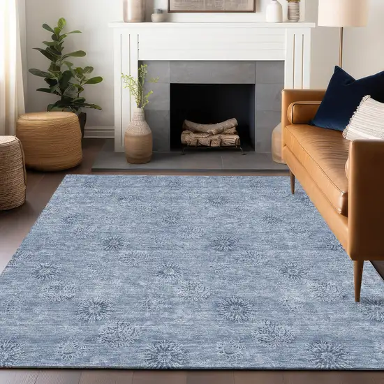 Sky Blue And Ivory Floral Washable Area Rug With UV Protection Photo 5