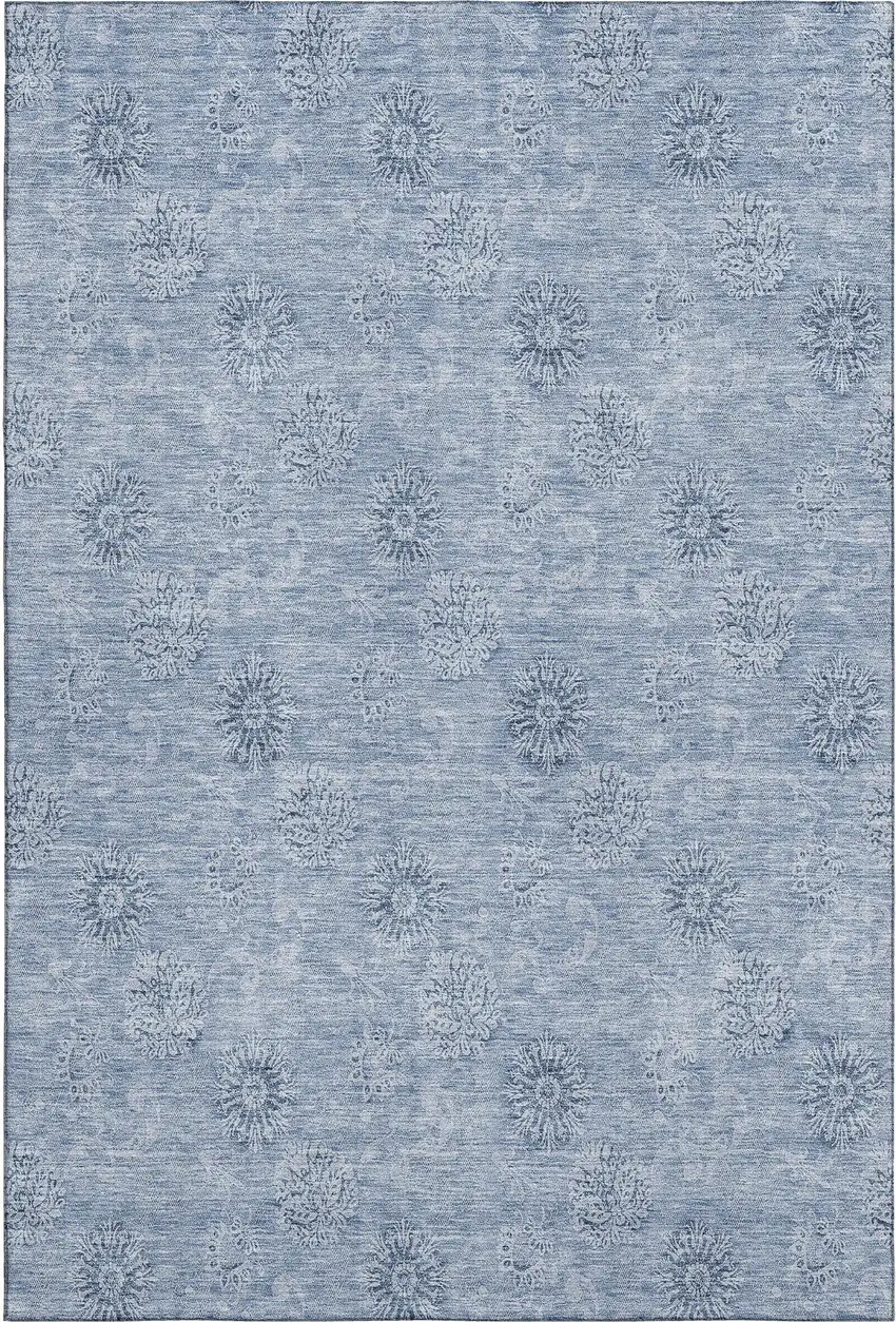 Sky Blue And Ivory Floral Washable Area Rug With UV Protection Photo 1