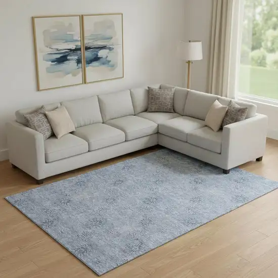 Sky Blue And Ivory Floral Washable Area Rug With UV Protection Photo 1