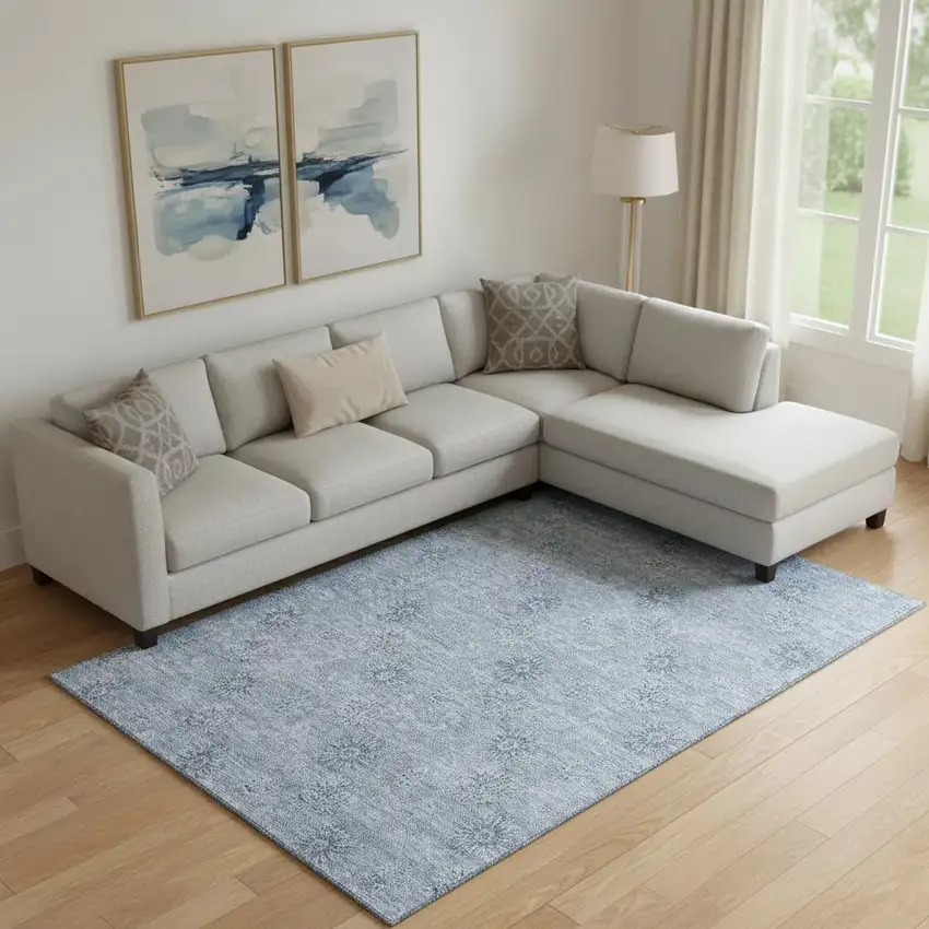 Sky Blue And Ivory Floral Washable Area Rug With UV Protection Photo 1