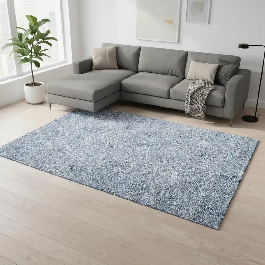 Sky Blue And Ivory Floral Washable Area Rug With UV Protection Photo 2