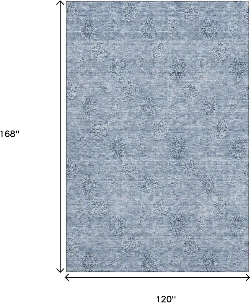 Sky Blue And Ivory Floral Washable Area Rug With UV Protection Photo 3