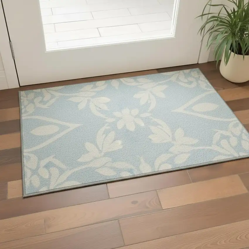 Sky Blue And Ivory Floral Washable Area Rug With UV Protection Photo 2