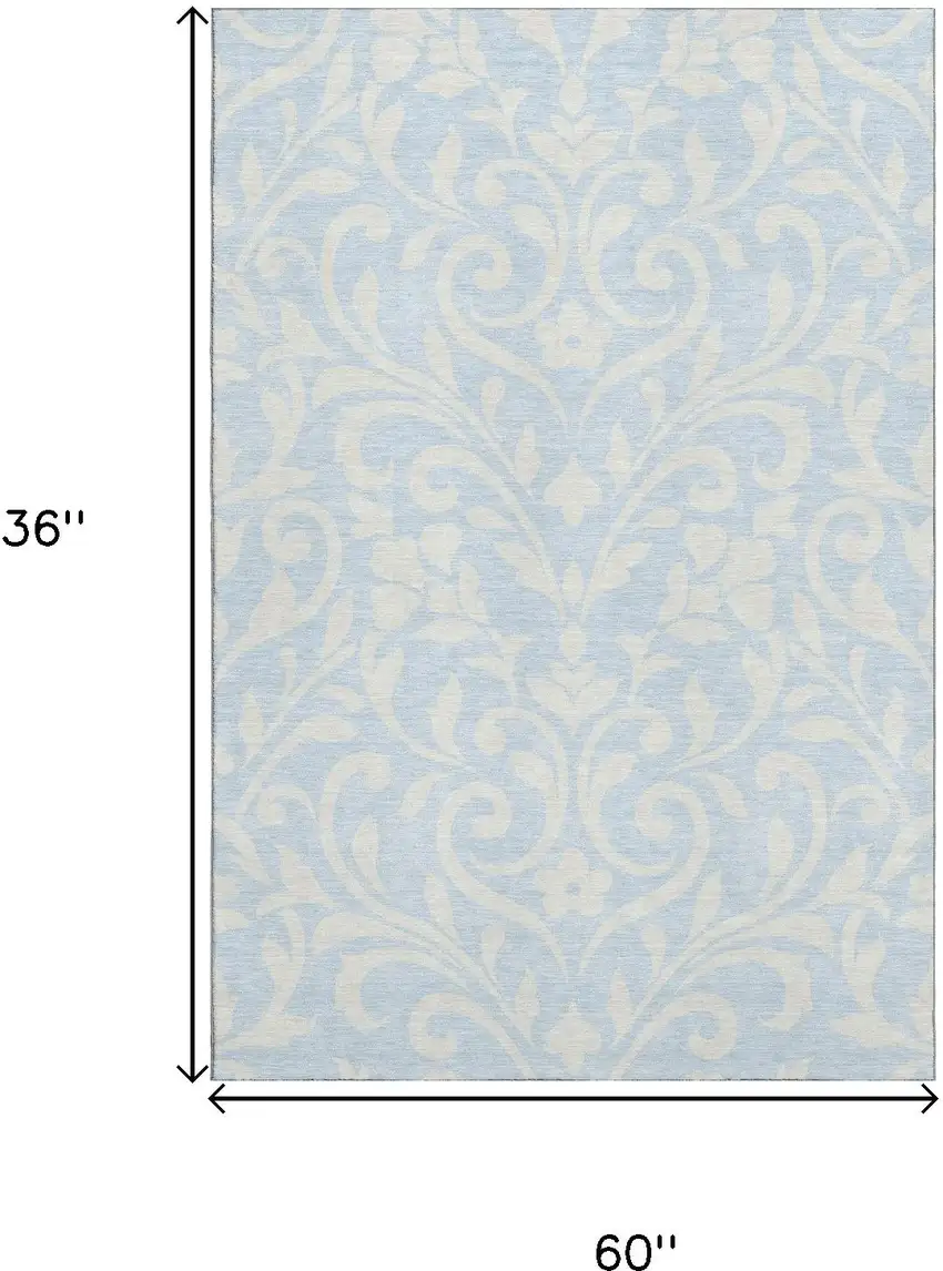 Sky Blue And Ivory Floral Washable Area Rug With UV Protection Photo 3