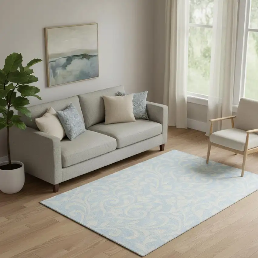 Sky Blue And Ivory Floral Washable Area Rug With UV Protection Photo 1