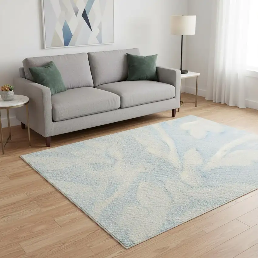 Sky Blue And Ivory Floral Washable Area Rug With UV Protection Photo 2