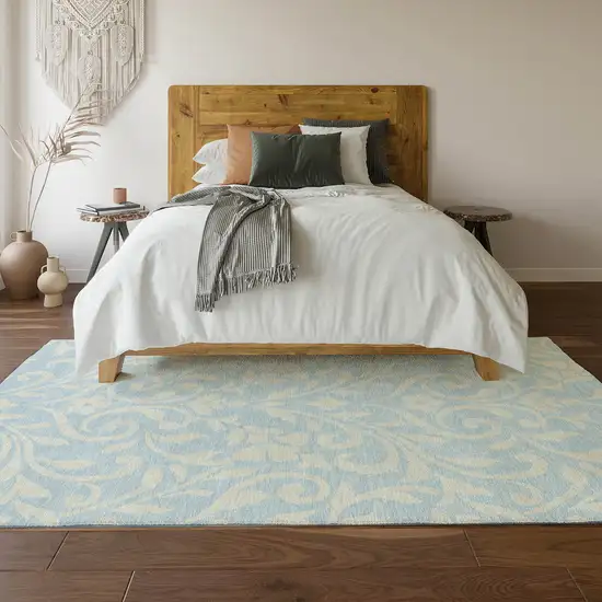 Sky Blue And Ivory Floral Washable Area Rug With UV Protection Photo 4