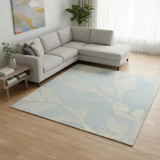 Sky Blue And Ivory Floral Washable Area Rug With UV Protection Photo 2