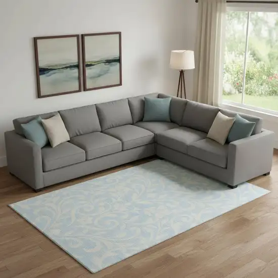 Sky Blue And Ivory Floral Washable Area Rug With UV Protection Photo 1