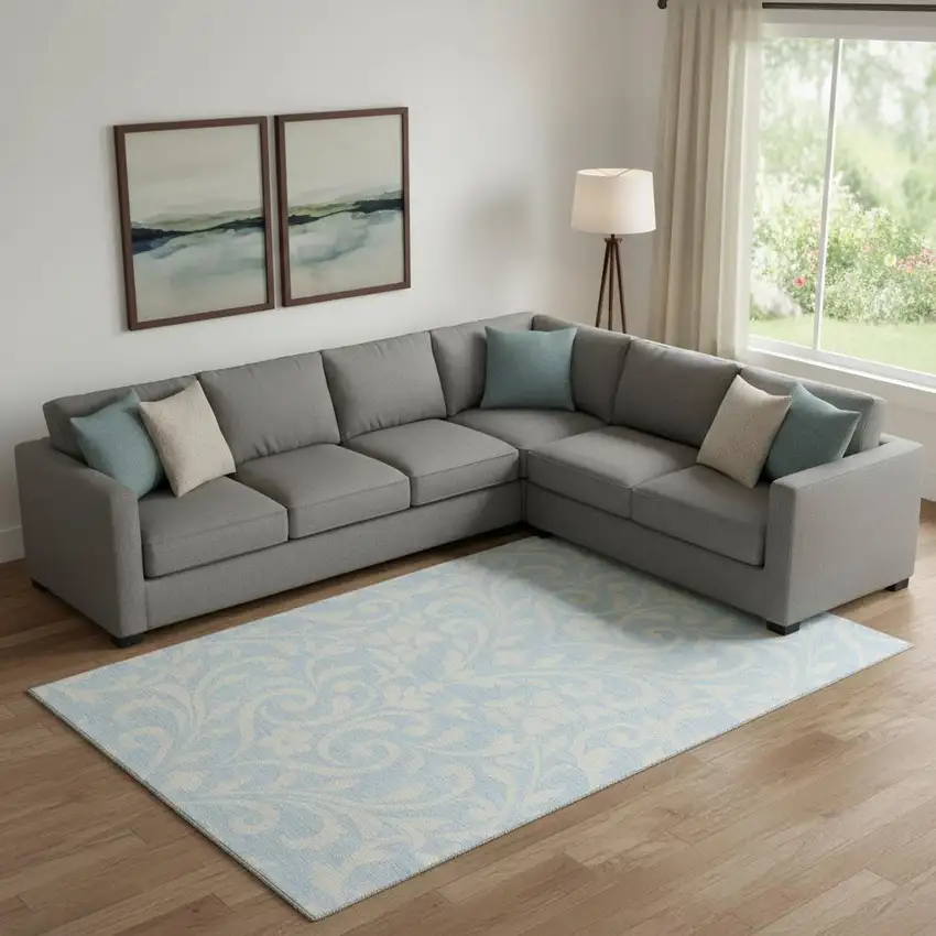 Sky Blue And Ivory Floral Washable Area Rug With UV Protection Photo 1