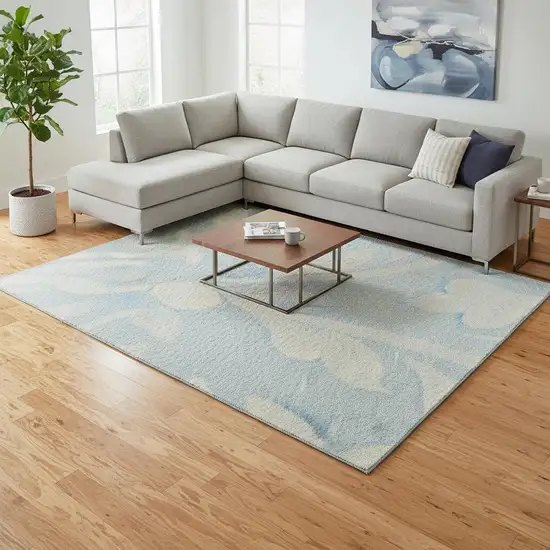 Sky Blue And Ivory Floral Washable Area Rug With UV Protection Photo 2