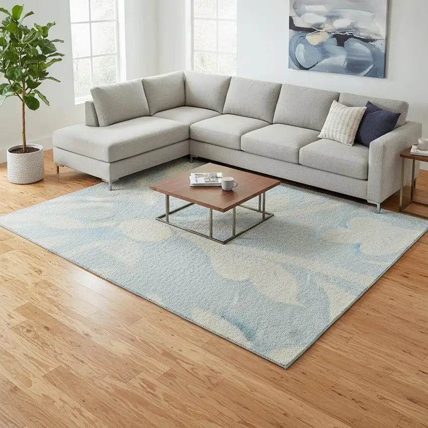 Sky Blue And Ivory Floral Washable Area Rug With UV Protection Photo 2