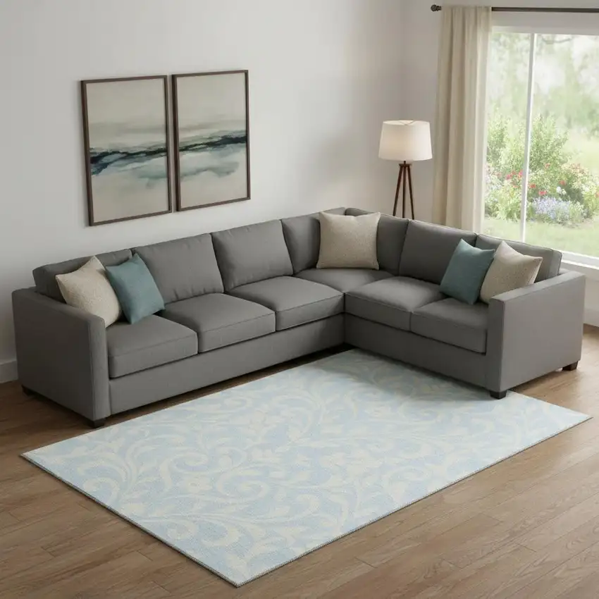 Sky Blue And Ivory Floral Washable Area Rug With UV Protection Photo 1