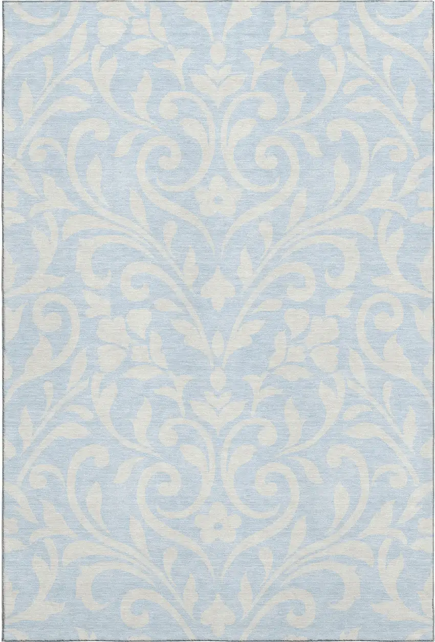 Sky Blue And Ivory Floral Washable Area Rug With UV Protection Photo 5