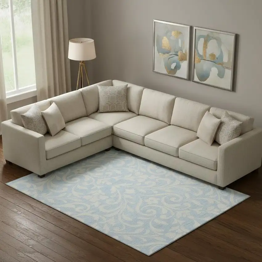 Sky Blue And Ivory Floral Washable Area Rug With UV Protection Photo 1