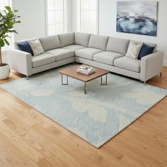 Sky Blue And Ivory Floral Washable Area Rug With UV Protection Photo 2