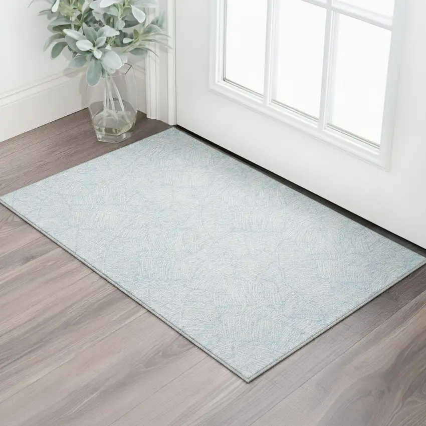 Sky Blue And Ivory Floral Washable Area Rug With UV Protection Photo 2