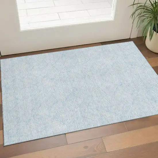 Sky Blue And Ivory Floral Washable Area Rug With UV Protection Photo 1