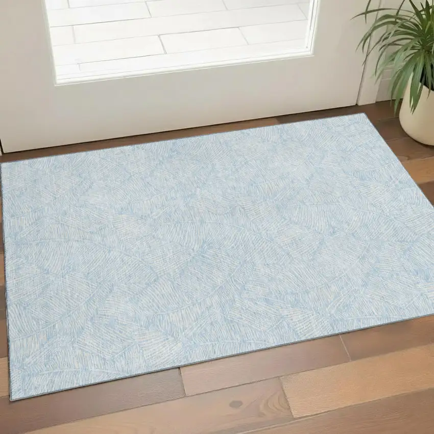 Sky Blue And Ivory Floral Washable Area Rug With UV Protection Photo 1