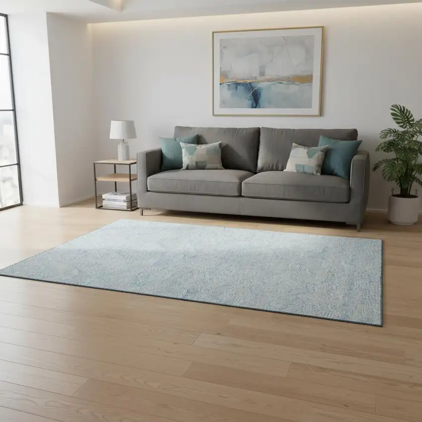 Sky Blue And Ivory Floral Washable Area Rug With UV Protection Photo 2