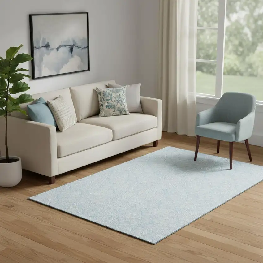 Sky Blue And Ivory Floral Washable Area Rug With UV Protection Photo 1