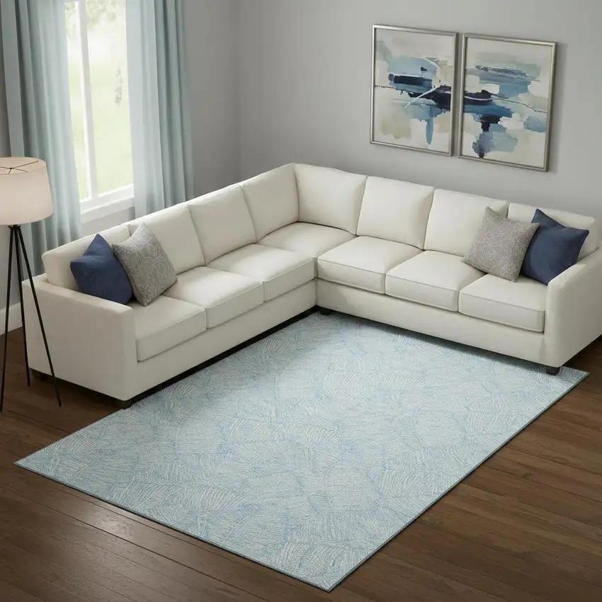 Sky Blue And Ivory Floral Washable Area Rug With UV Protection Photo 1