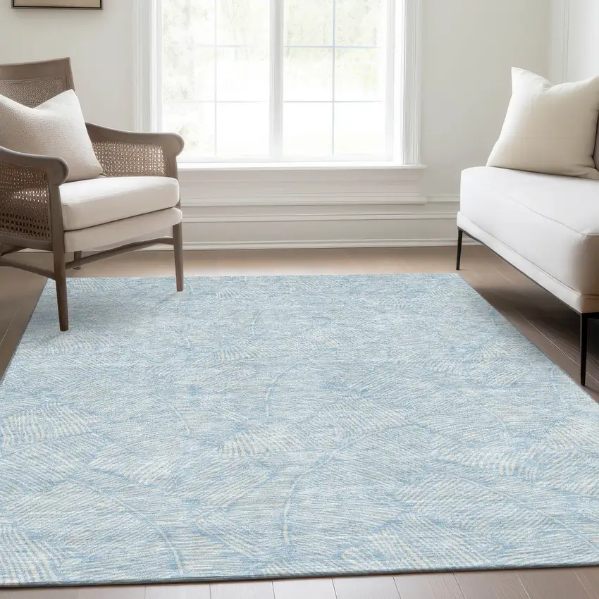 Sky Blue And Ivory Floral Washable Area Rug With UV Protection Photo 6