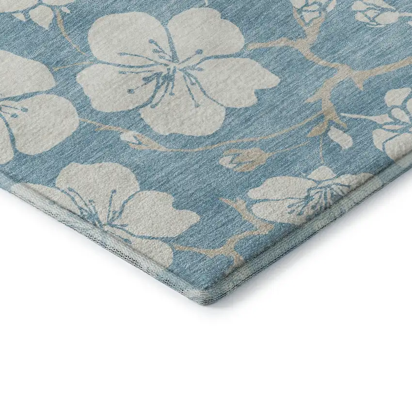 Sky Blue And Ivory Floral Washable Area Rug With UV Protection Photo 7