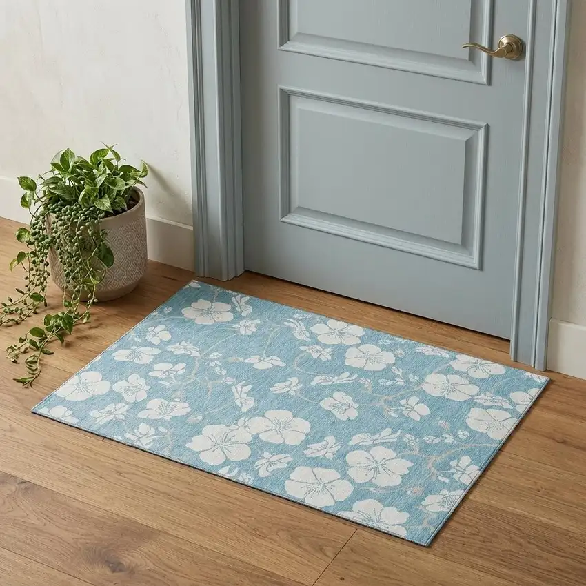 Sky Blue And Ivory Floral Washable Area Rug With UV Protection Photo 1