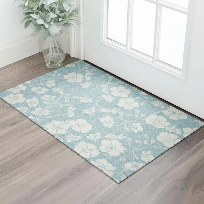 Sky Blue And Ivory Floral Washable Area Rug With UV Protection Photo 2
