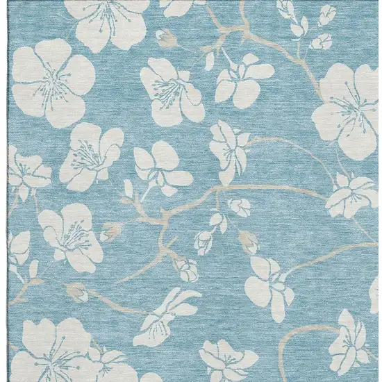 Sky Blue And Ivory Floral Washable Area Rug With UV Protection Photo 2