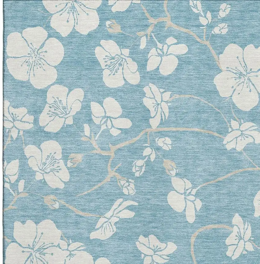 Sky Blue And Ivory Floral Washable Area Rug With UV Protection Photo 2
