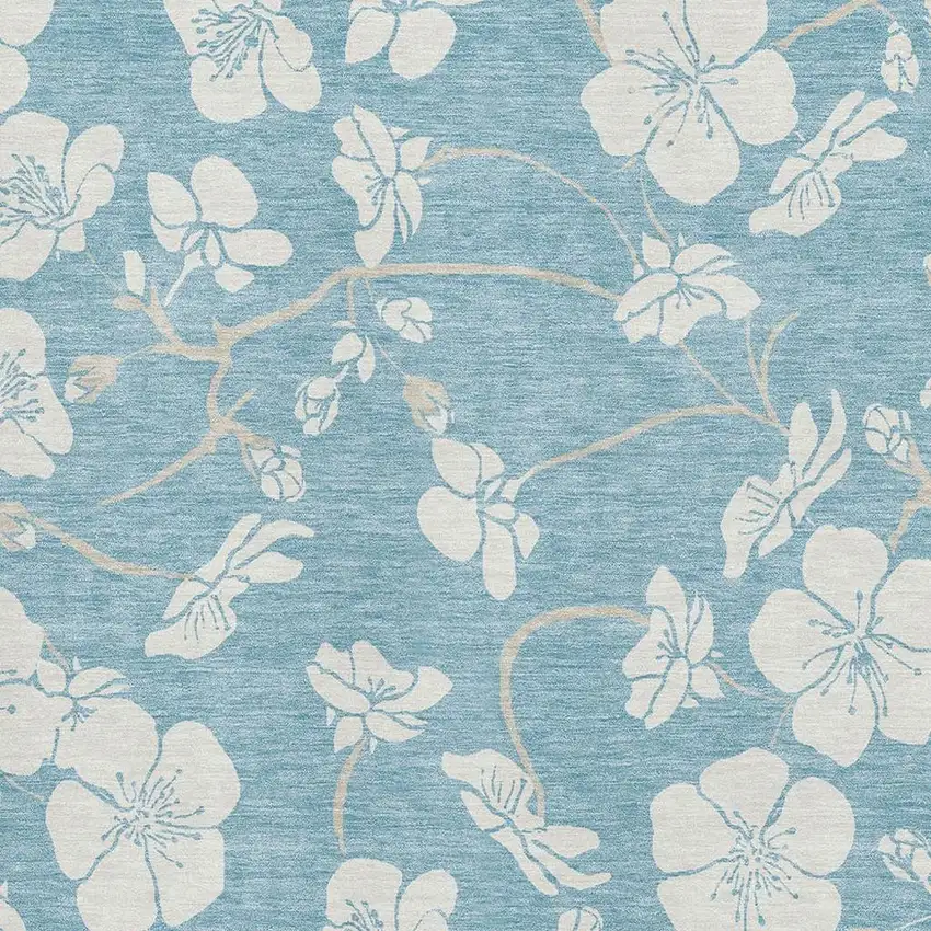 Sky Blue And Ivory Floral Washable Area Rug With UV Protection Photo 2
