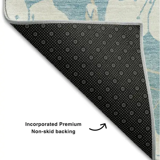 Sky Blue And Ivory Floral Washable Area Rug With UV Protection Photo 6