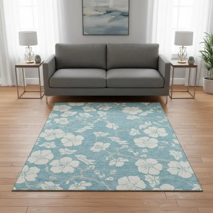 Sky Blue And Ivory Floral Washable Area Rug With UV Protection Photo 2
