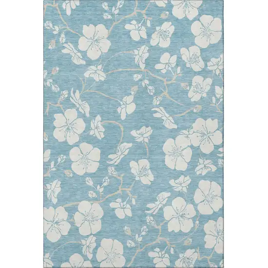 Sky Blue And Ivory Floral Washable Area Rug With UV Protection Photo 3