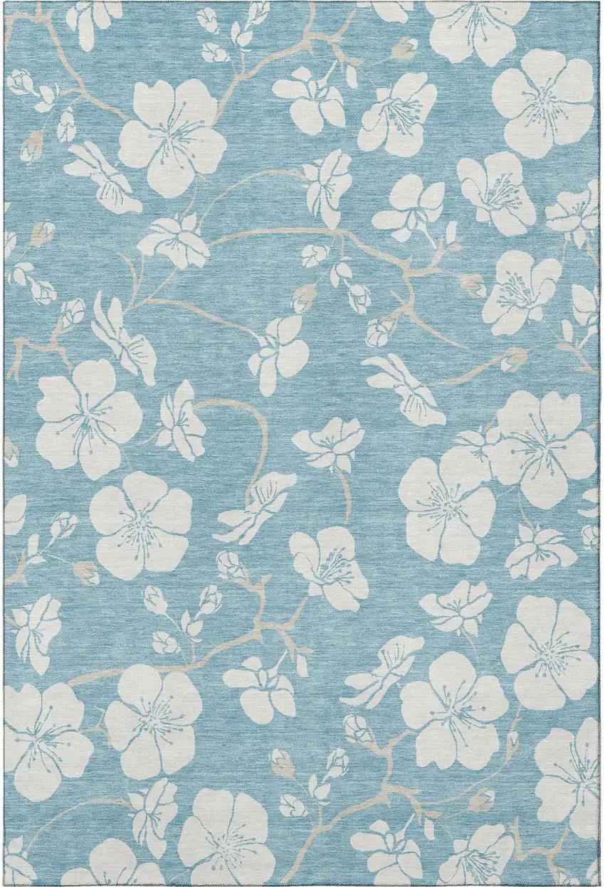 Sky Blue And Ivory Floral Washable Area Rug With UV Protection Photo 3