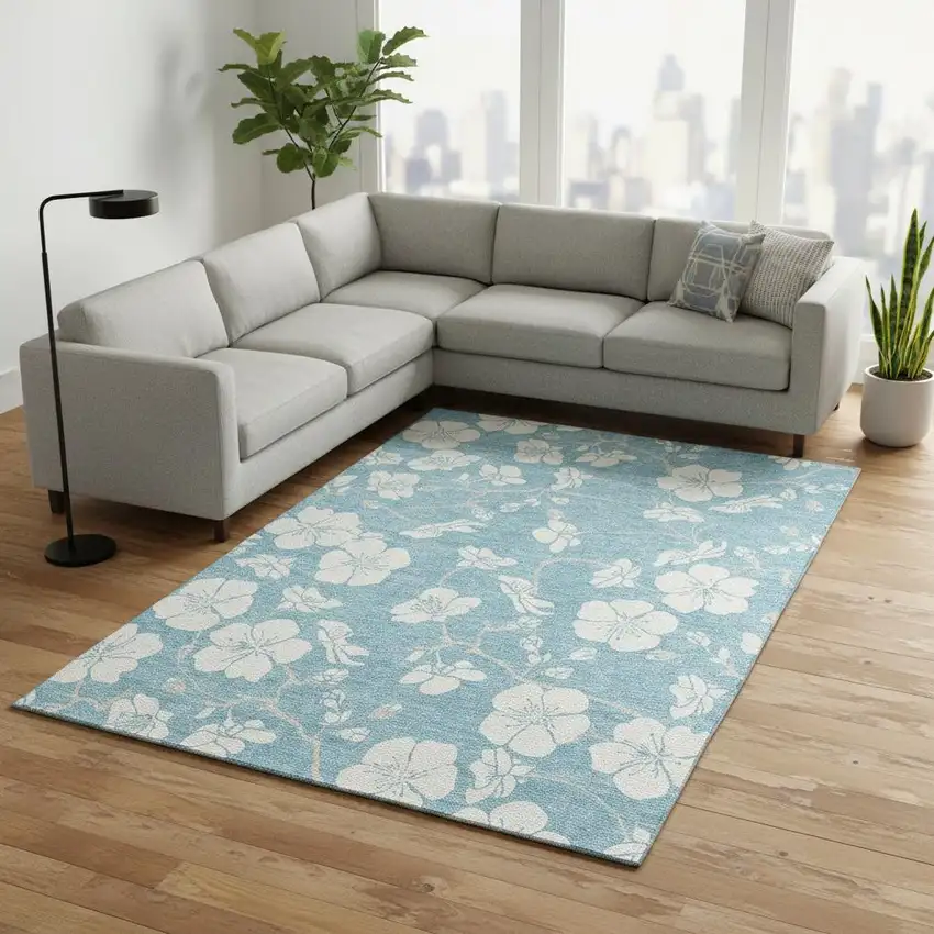 Sky Blue And Ivory Floral Washable Area Rug With UV Protection Photo 2