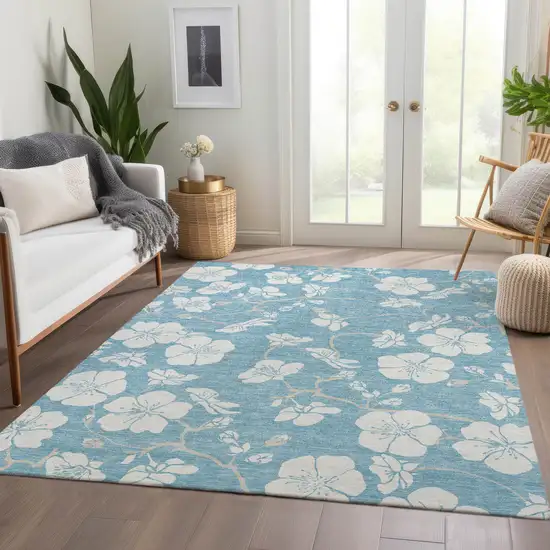 Sky Blue And Ivory Floral Washable Area Rug With UV Protection Photo 5