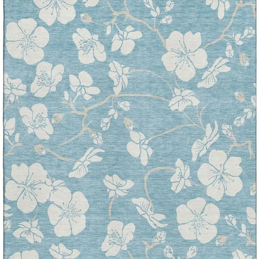 Sky Blue And Ivory Floral Washable Area Rug With UV Protection Photo 3