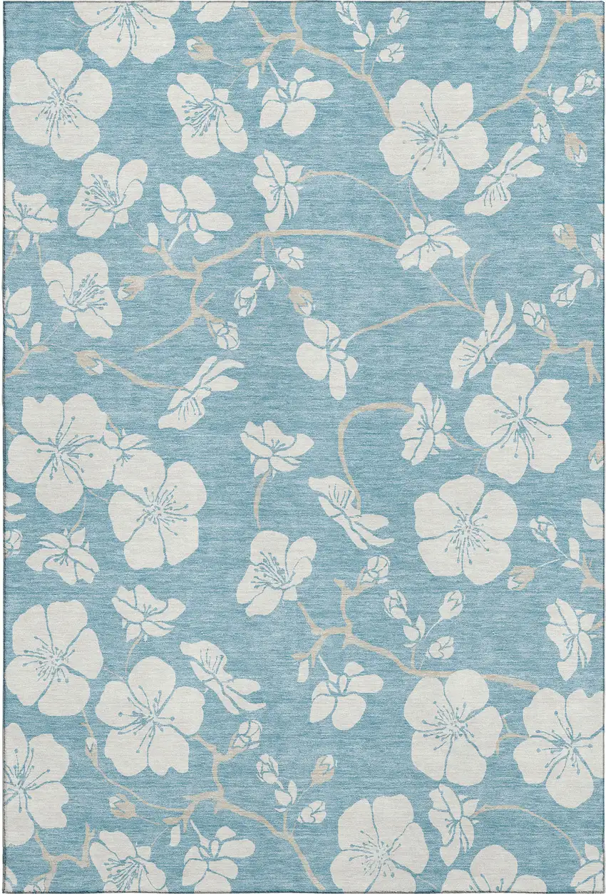 Sky Blue And Ivory Floral Washable Area Rug With UV Protection Photo 1