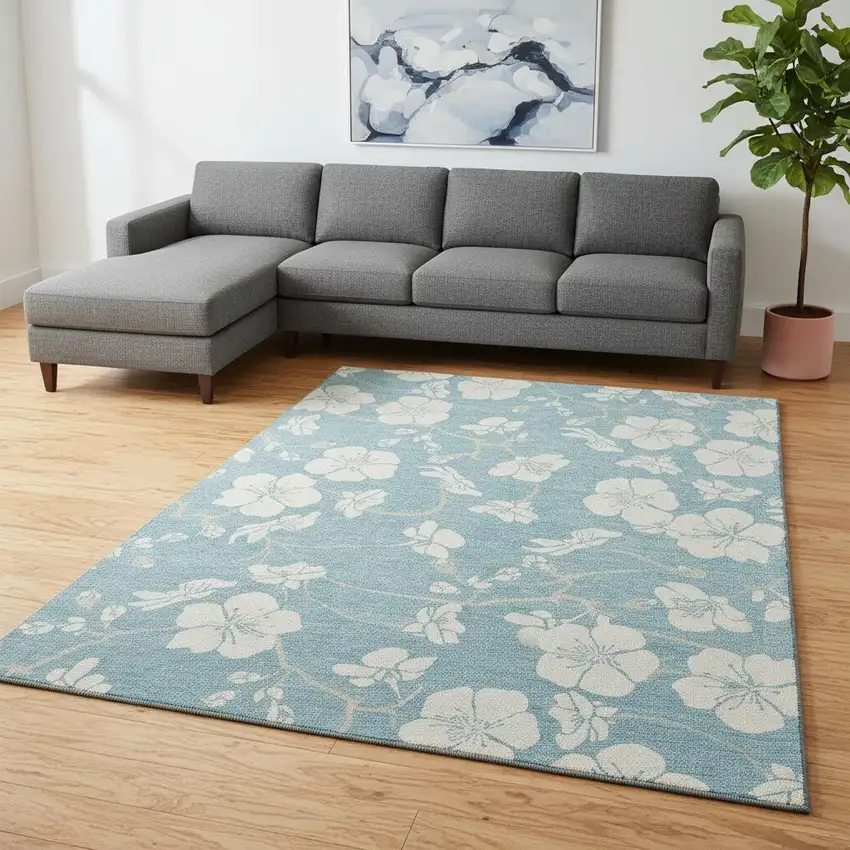Sky Blue And Ivory Floral Washable Area Rug With UV Protection Photo 2