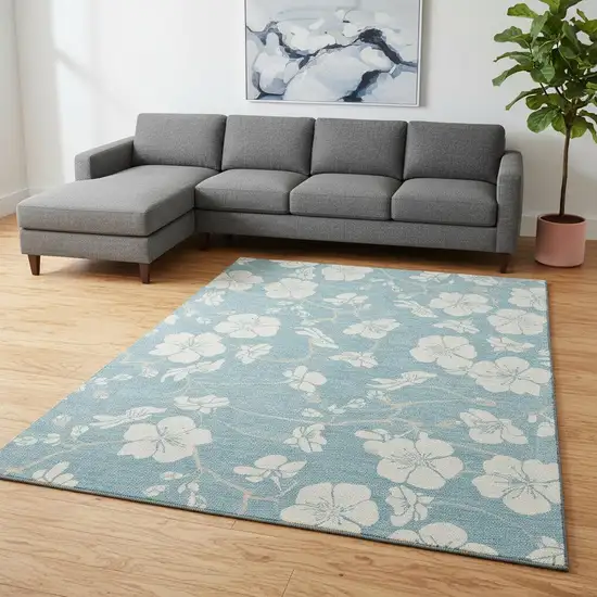 Sky Blue And Ivory Floral Washable Area Rug With UV Protection Photo 2
