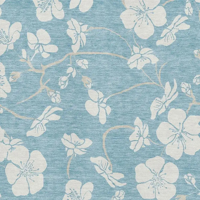 Sky Blue And Ivory Floral Washable Area Rug With UV Protection Photo 2