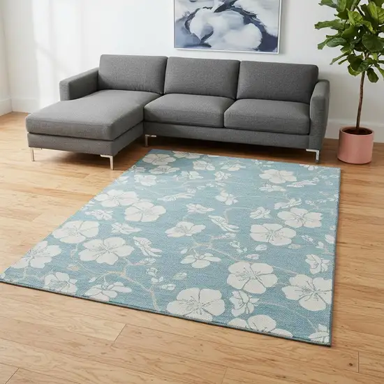 Sky Blue And Ivory Floral Washable Area Rug With UV Protection Photo 2