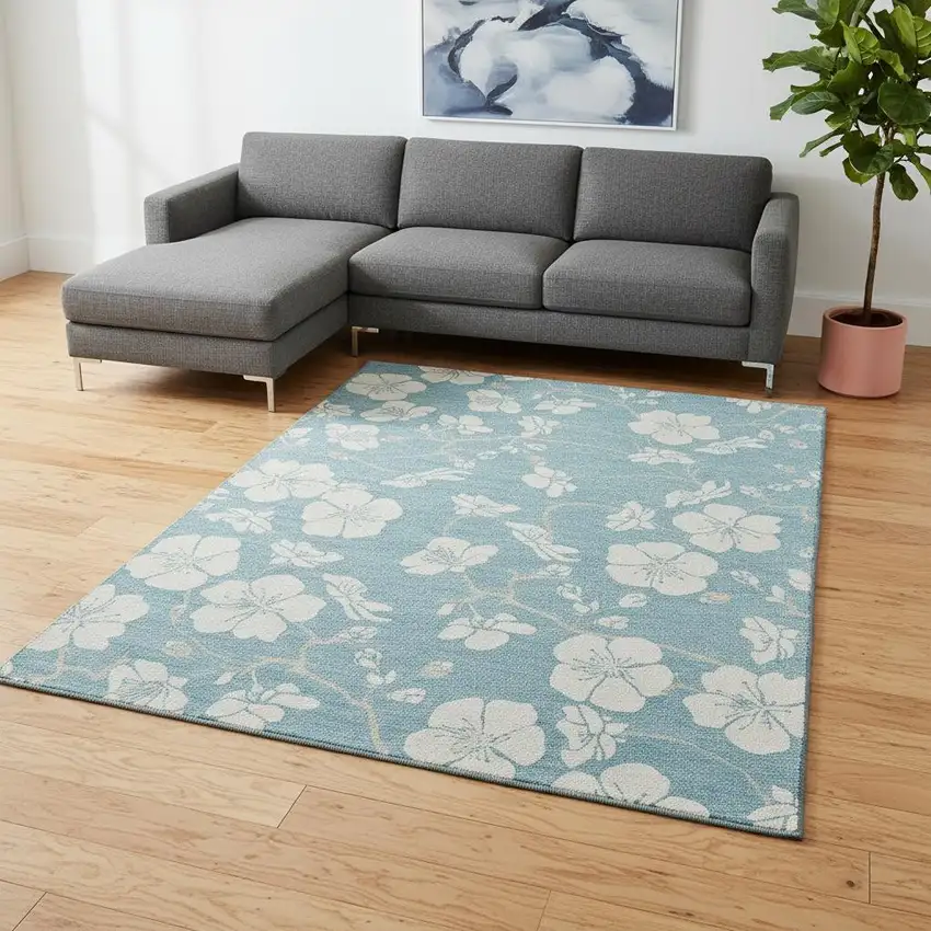 Sky Blue And Ivory Floral Washable Area Rug With UV Protection Photo 2