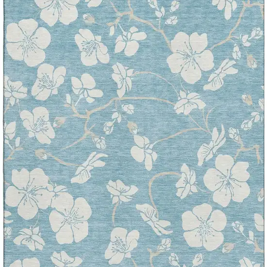 Sky Blue And Ivory Floral Washable Area Rug With UV Protection Photo 2