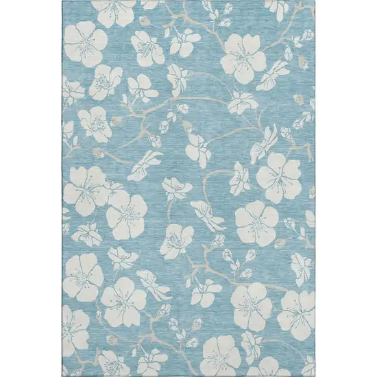 Sky Blue And Ivory Floral Washable Area Rug With UV Protection Photo 1