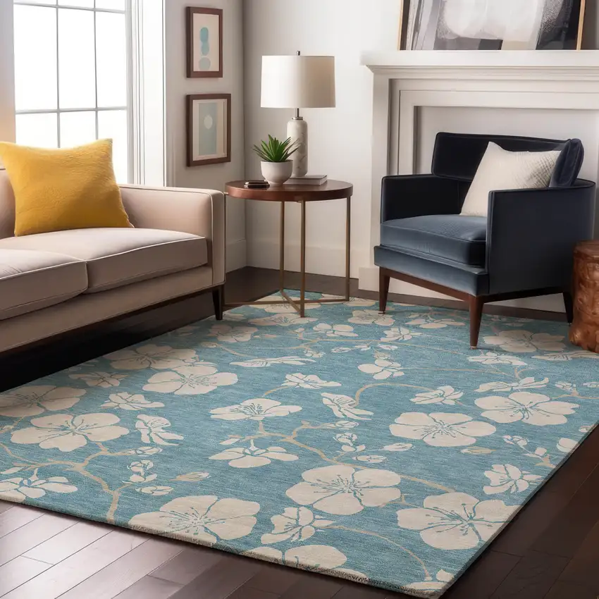Sky Blue And Ivory Floral Washable Area Rug With UV Protection Photo 4